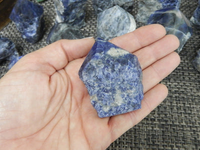 Sodalite Semi Polished Points with a small one in a hand for size reference