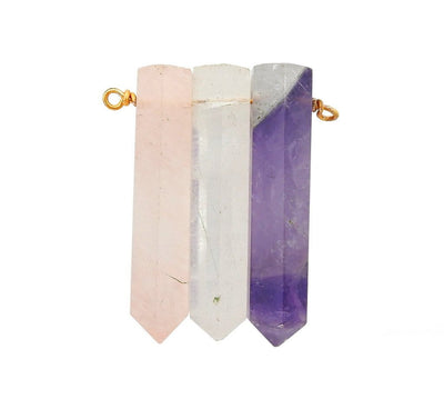 triple amethyst rose quartz crystal quartz pencil point pendant with gold plated wire bails displayed on white background