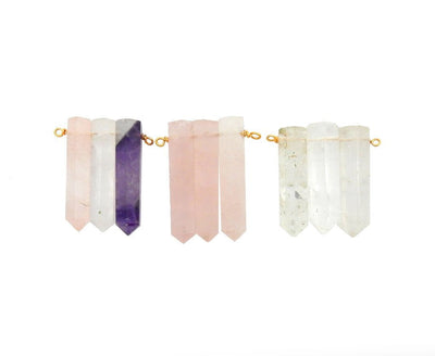 Triple points come in  Rose Quartz Crystal Quartz and triple gemstone in rose quartz crystal quartz amethyst Pencil Point Pendant With Gold Plated Wire Bails