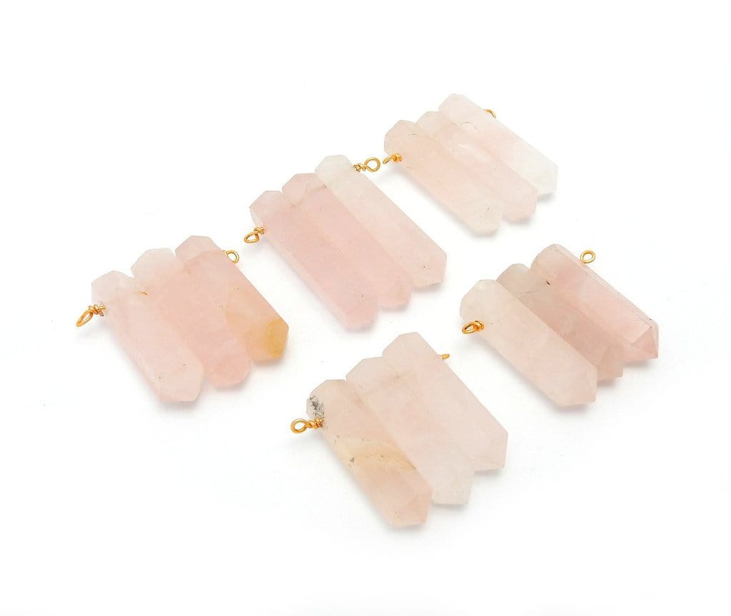 5 Triple Rose Quartz Pencil Point Pendant With Gold Plated Wire Bails, showing side view for thickness