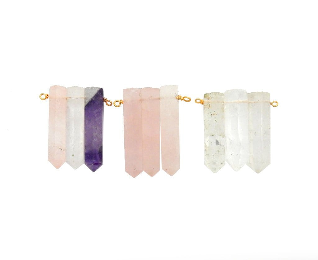 Triple Pencil Point Pendants With Gold Plated Wire Bails shown in the variety of other choices we offer: all rose quartz, all crystal quartz, and one with 3 different points:rose quartz,amethyst, and crystal quartz.