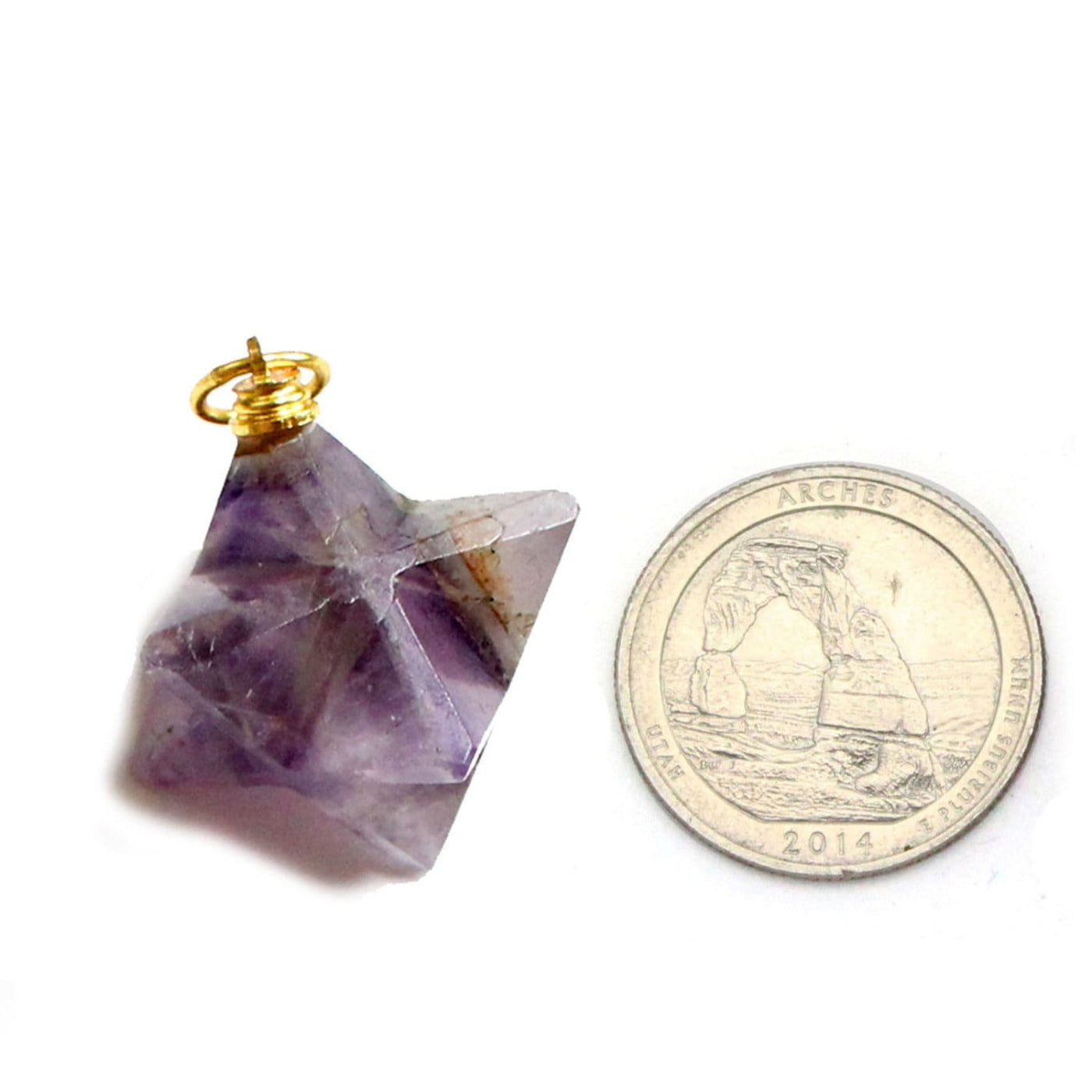 Purple Amethyst Merkaba Star Pendant  - next to a quarter