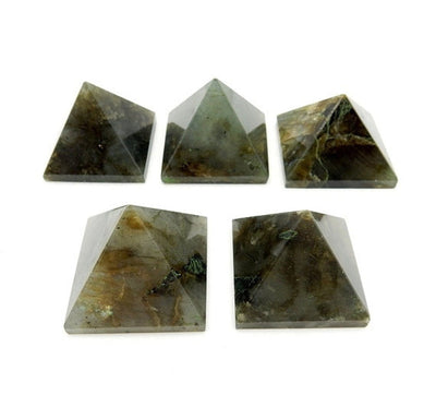 Front view of Labradorite Pyramids on a white background