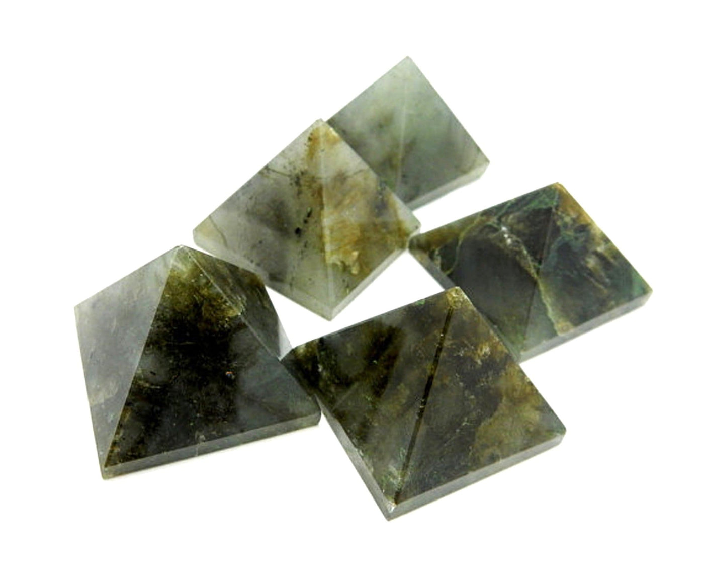 Side angle view of Labradorite Pyramid on a white background