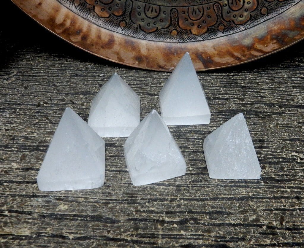 selenite pyramids on display for possible variations
