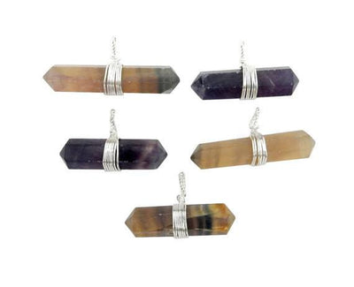 5 Rainbow Fluorite Double Terminated Point Pendants with Silver Wirewrapped Bails on white background