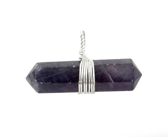 1 Rainbow Fluorite Double Terminated Point Pendant with Silver Wirewrapped Bail on white background