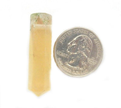 1 Rainbow Fluorite Pencil Point Bead next to a quarter for size comparison