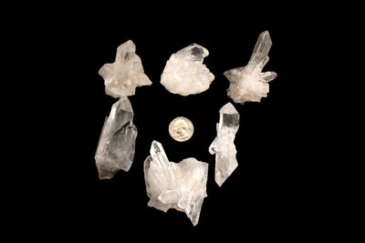 6 Raw Crystal Clusters surrounding a quarter for size comparison on black background