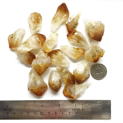 Raw Points - citrine with a quarter and a ruler