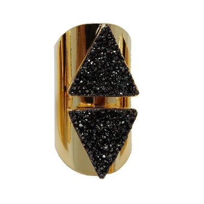 Black Diamond Double Mystic Triangle Druzy Ring With Adjustable 24K Gold on White Background.