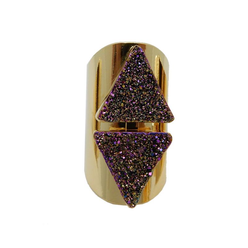 Rainbow Double Mystic Triangle Druzy Ring With Adjustable 24k Gold on White Background.