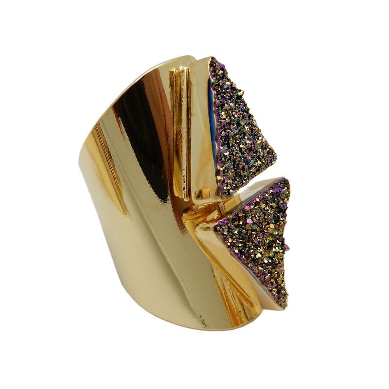Side Angle of Rainbow Double Mystic Triangle Druzy Ring With Adjustable 24K Gold on White Background.