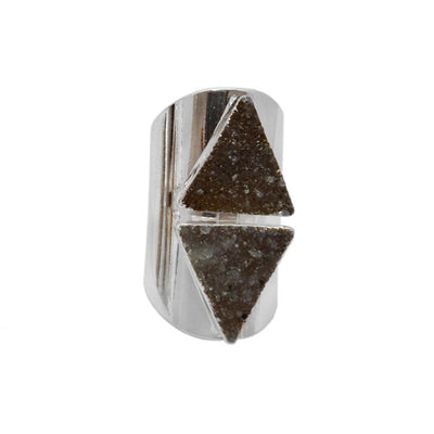 Natural Double Mystic Triangle Druzy Ring With Adjustable Silver on White Background.