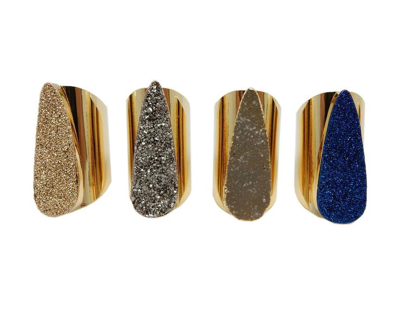 4 Piece Teardrop Druzy Rings With Electroplated 24k Gold Cigar Band  in color Gold, Platinum, Natural, and Mystic Blue