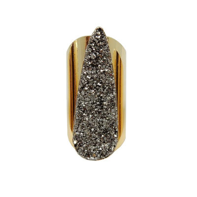 A Teardrop Druzy Rings With Electroplated 24k Gold Cigar Band in color Platinum