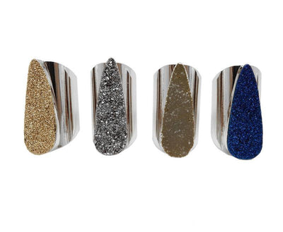 4 Piece Teardrop Druzy Rings With Electroplated 24k SILVER Cigar Band in color Gold, Platinum, Natural, and Mystic Blue
