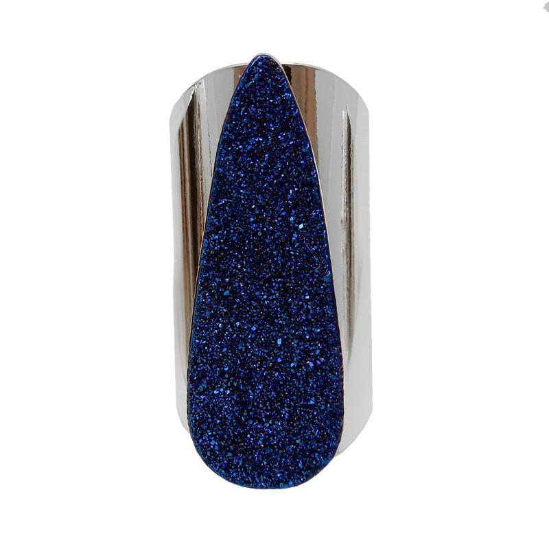 A Teardrop Druzy Rings With Electroplated 24k silver Cigar Band in color Mystic Blue