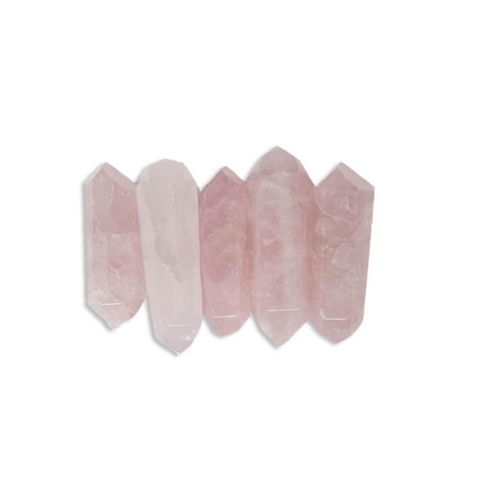 5 Rose Quartz Double Terminated Points lined up on white background