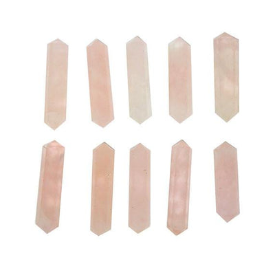 10 Rose Quartz Double Double Terminated Pencil Points lined up on white background