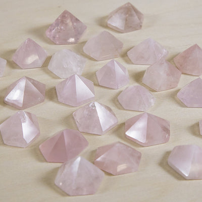 Hexagonal rose quartz Pyramid  side view to show variations