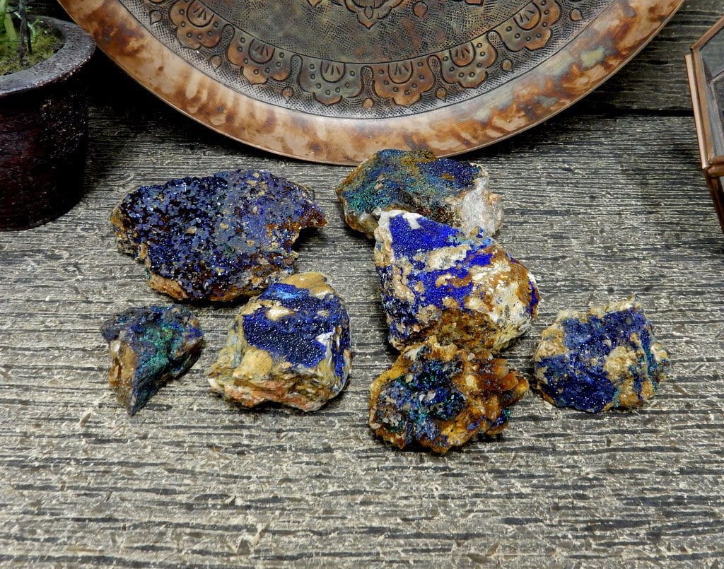 large azurite stones with decorations
