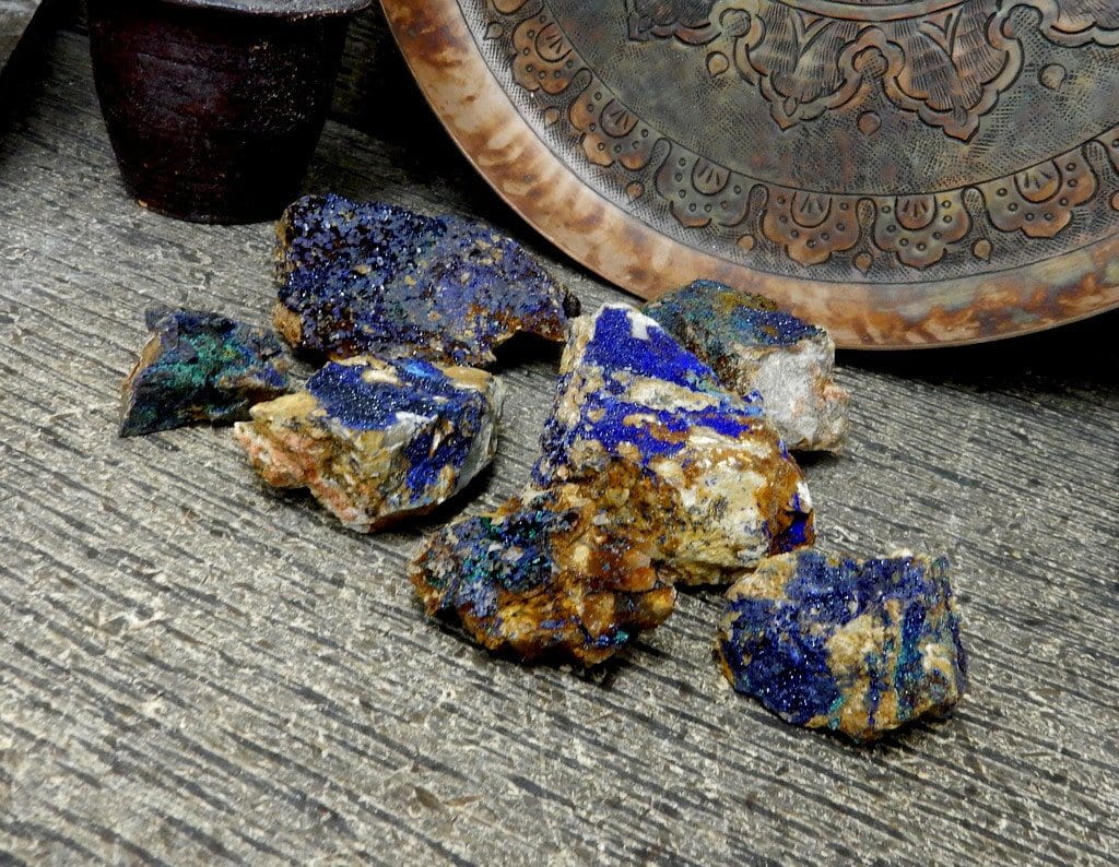angled shot of large azurite stones with decorations