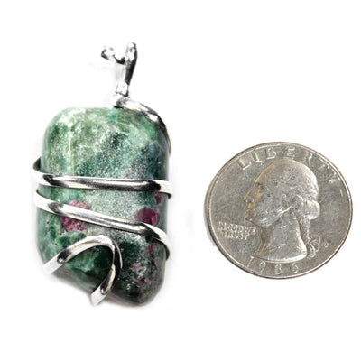 Ruby Fuchsite Tumbled Stone Silver Tone Spiral  Pendant displayed next to quarter for size reference