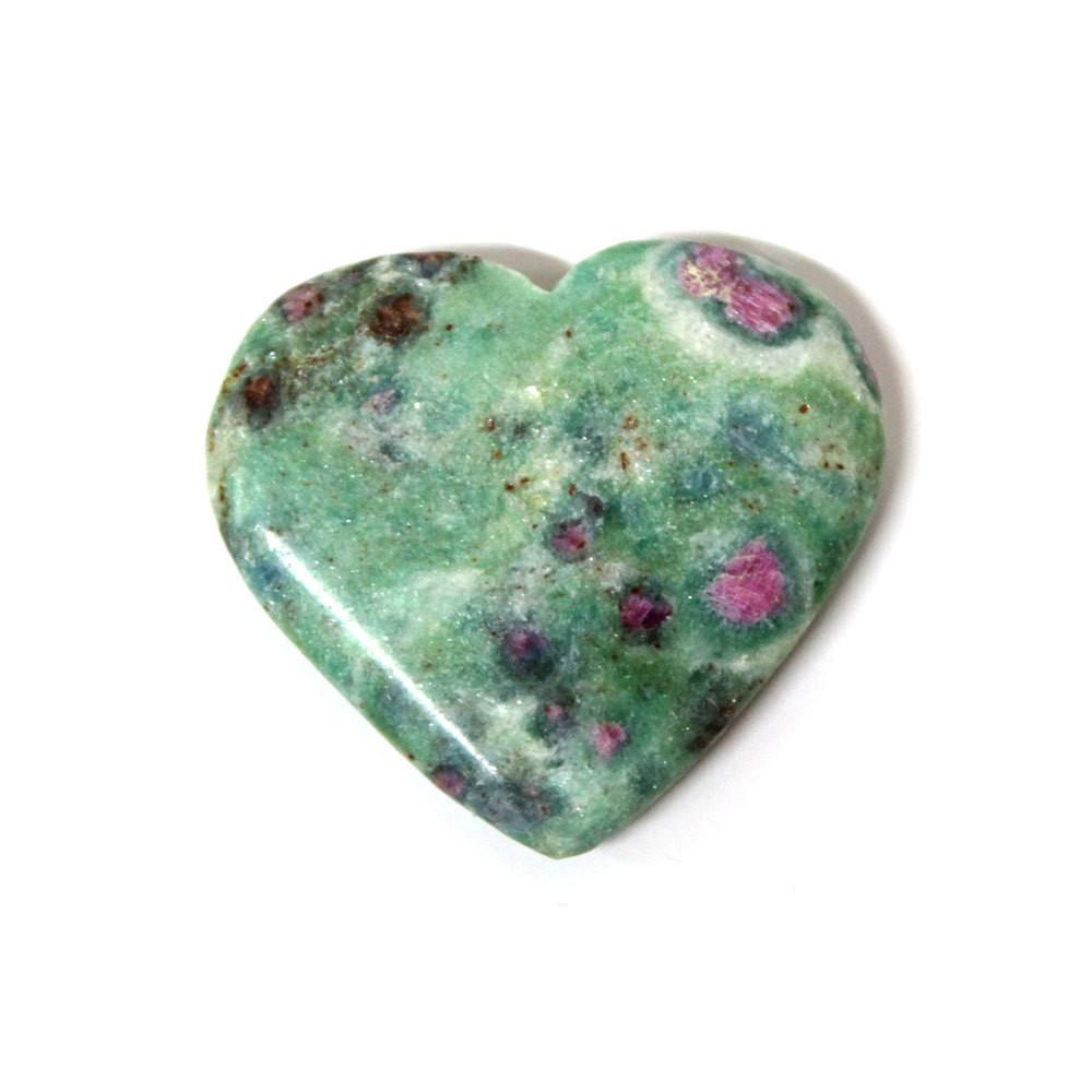 One Ruby Fuchsite Heart Shaped Stone on a white surface.