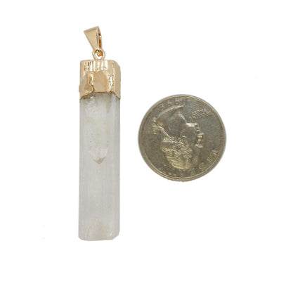 selenite with crystal quartz gold pendant with quarter for size reference