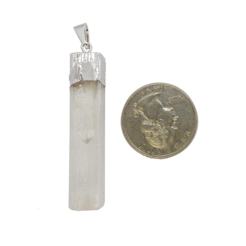 selenite with crystal quartz silver pendant with quarter for approximate size reference