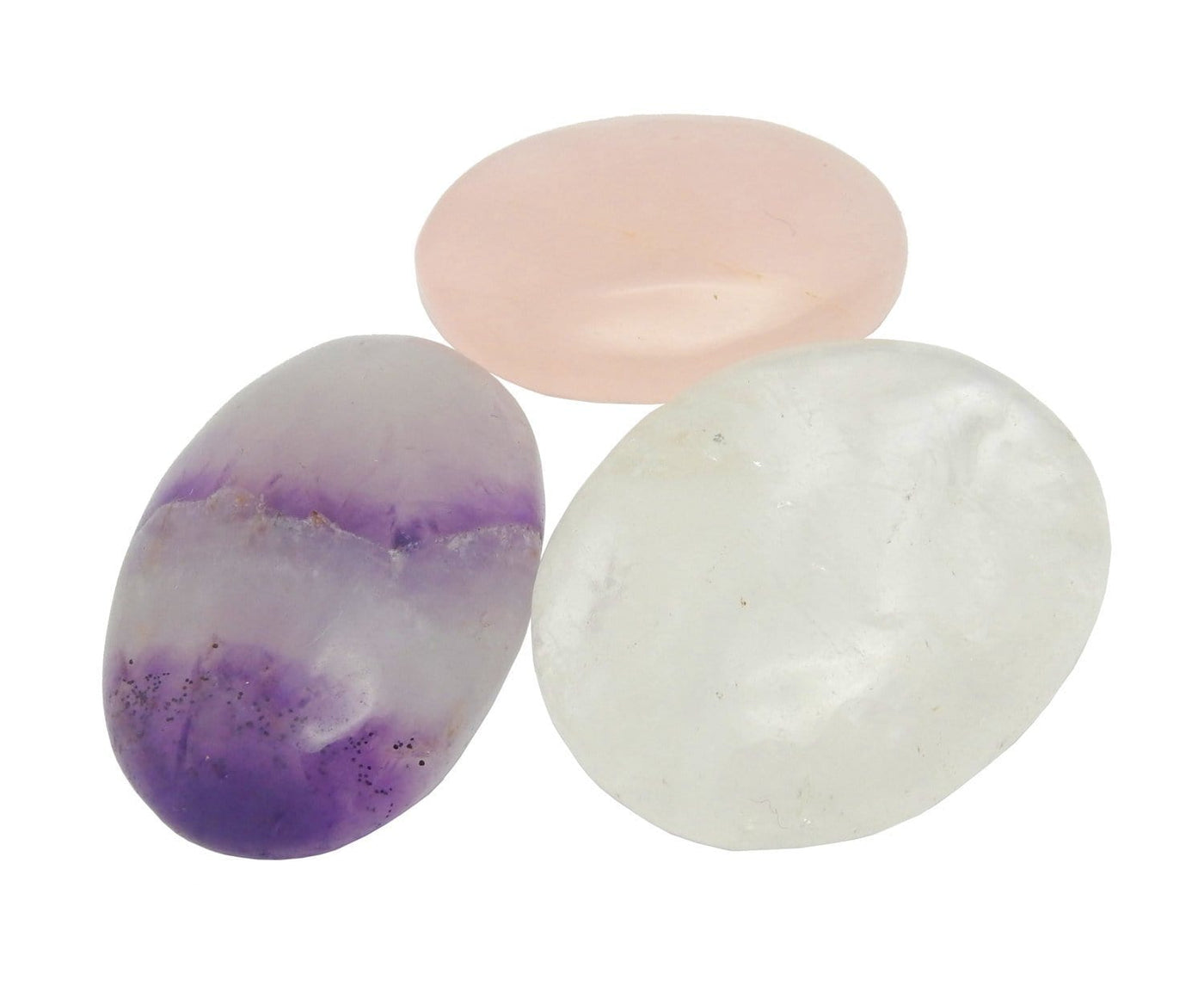 close up of set of three (amethyst, rose quartz, and crystal quartz) worry stones for details