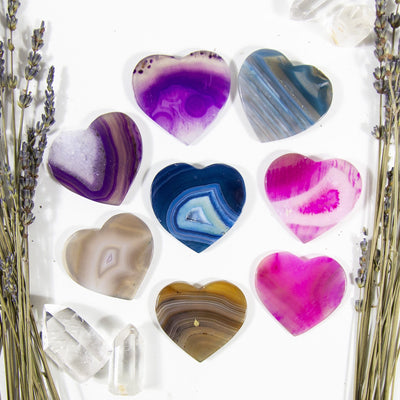 Eight Agate Heart Shaped Cabochon shown front facing on a white background surrounded with flowers and light colored crystals.  