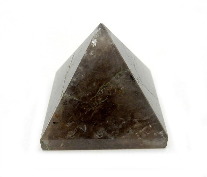 close up of one smokey quartz pyramid on white background for details