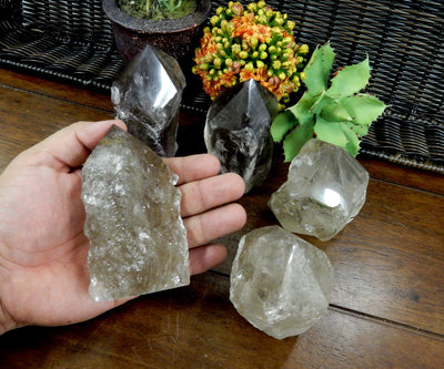 Hand holding up  Smokey Quartz Semi Polished Point with others and plants in the background