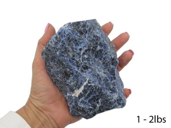 one 1lb - 2lb sodalite rough stone in hand on white background for size reference