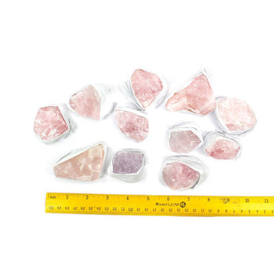 Rough Rose Quartz pieces next to a ruler for size reference