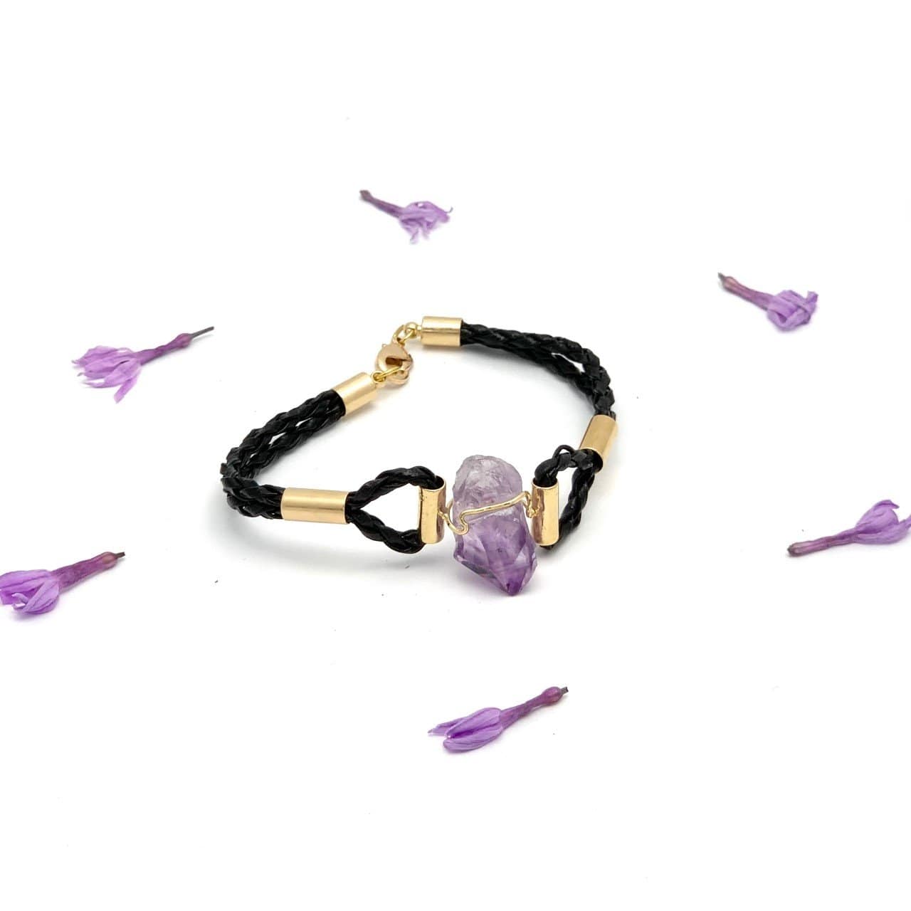 amethyst leather bracelet on white background