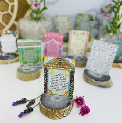Picture of card holders being displayed with a card and flowers around., blurry background in the back. 