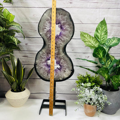 Amethyst Slice in shape of 8 on Metal Stand with ruler