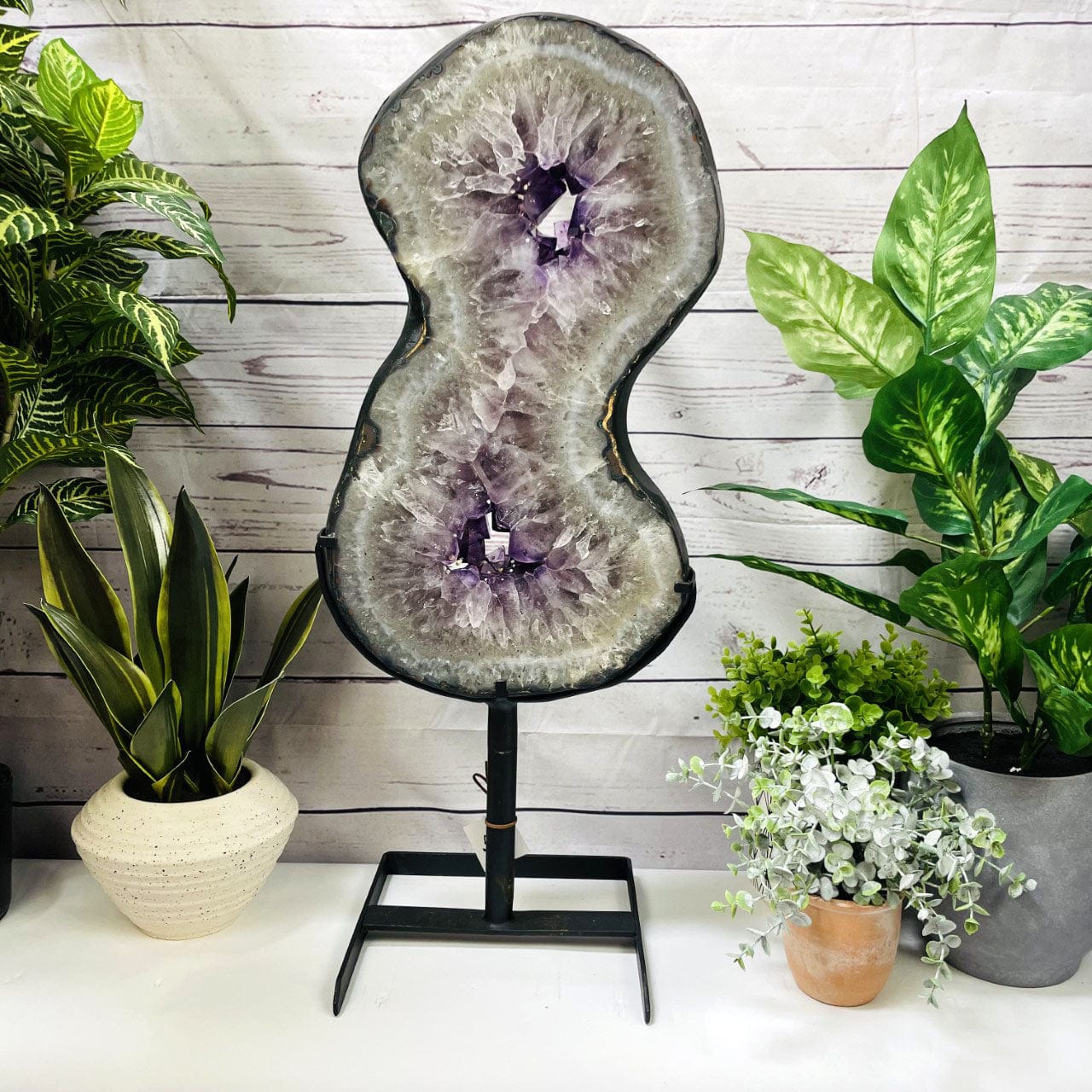 Amethyst Slice in shape of 8 on Metal Stand