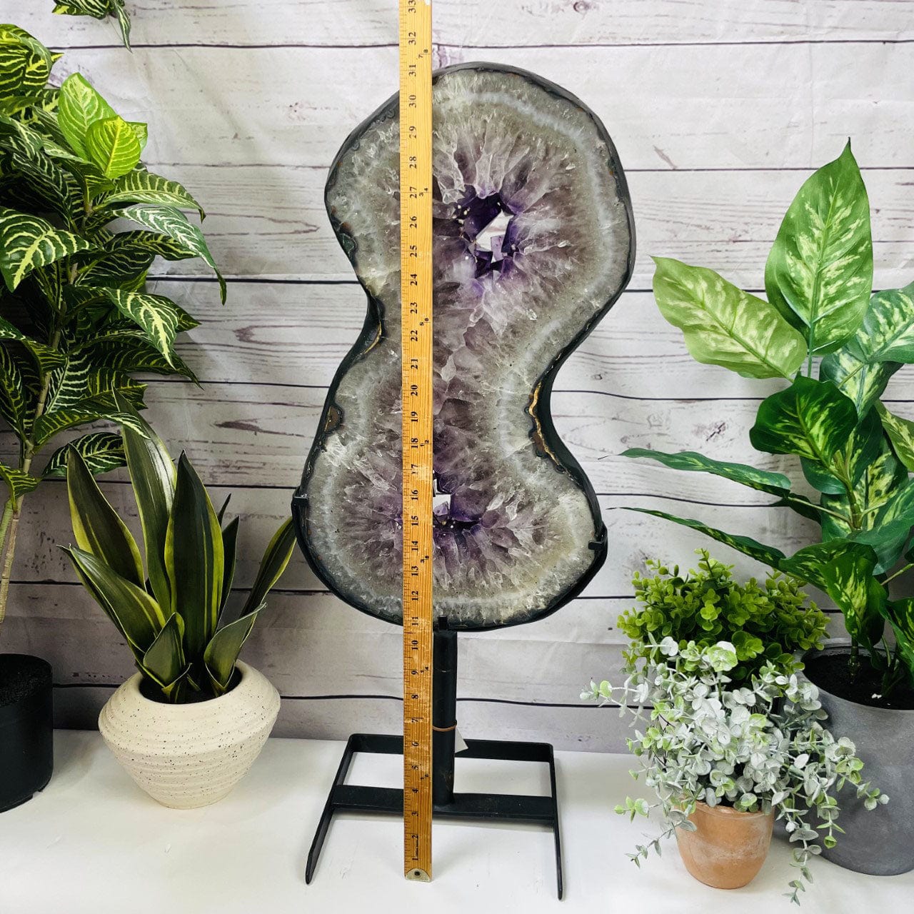 Amethyst Slice in shape of 8 on Metal Stand with ruler for size