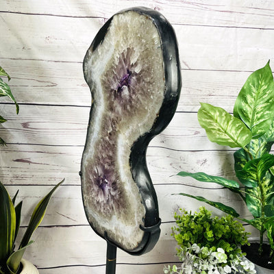 Amethyst Slice in shape of 8 on Metal Stand side view