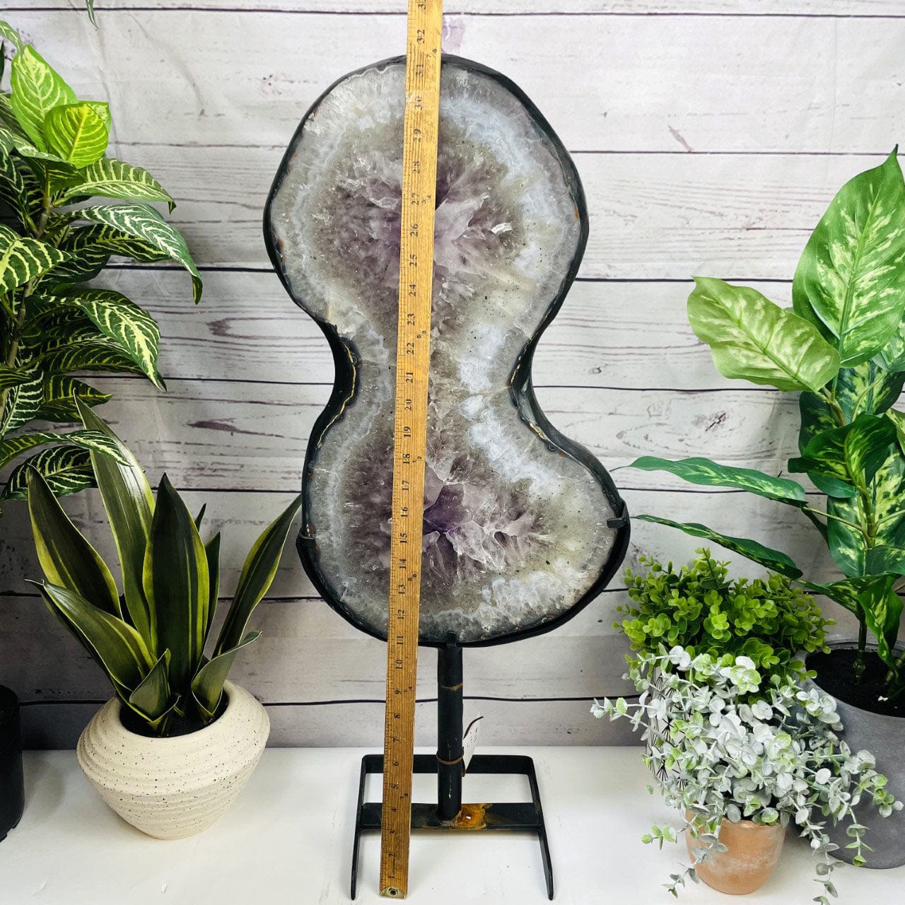 Amethyst Slice in shape of 8 on Metal Stand with a ruler for sizing