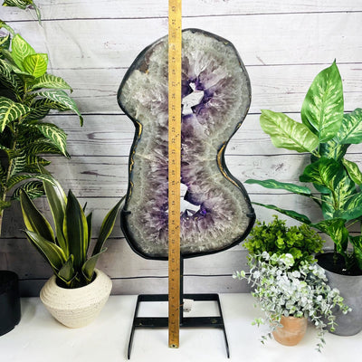 Amethyst Slice in shape of 8 on Metal Stand with a ruler for size