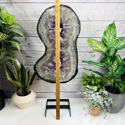 Amethyst Slice in shape of 8 on Metal Stand with a ruler for sizing