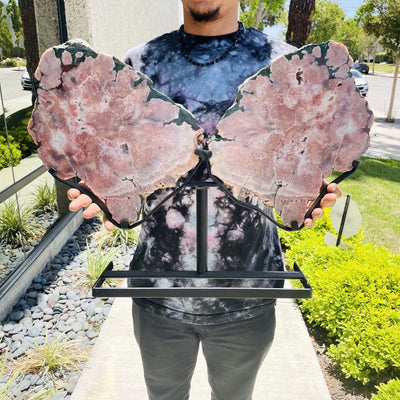 Large pink amethyst wings on a black metal stand held by a man outdoors.