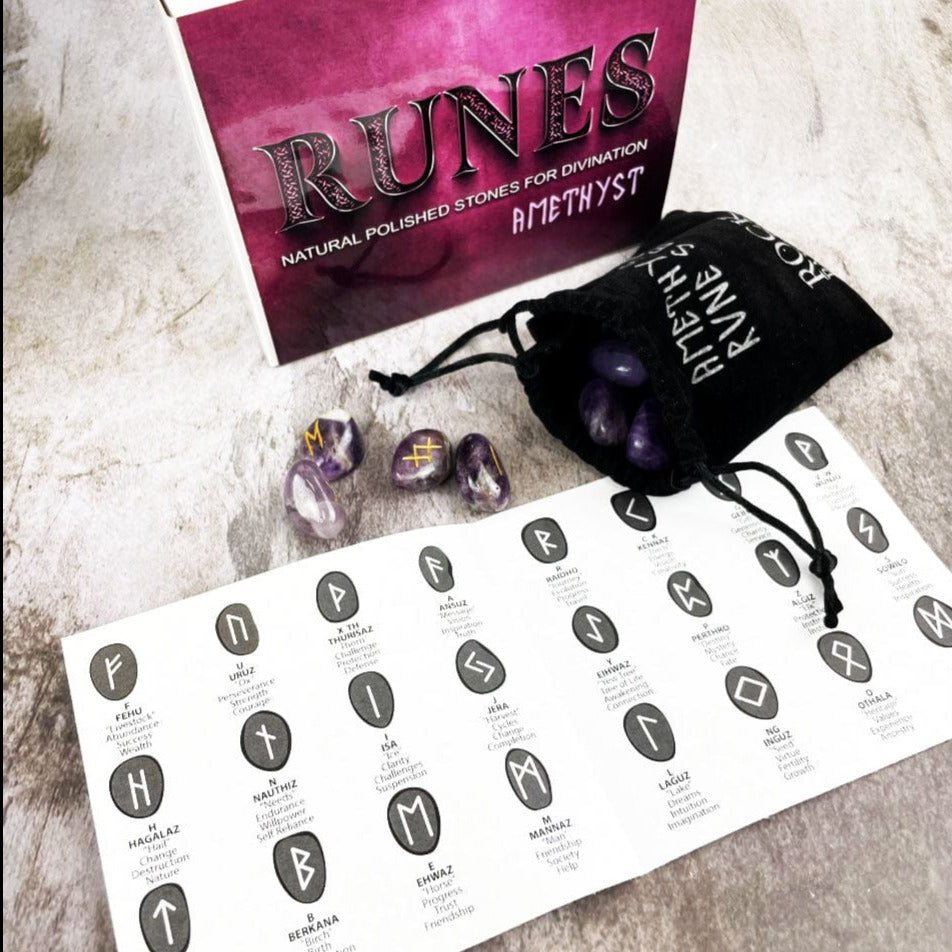 Rune Alphabet Set of Stones in a Velvet Bag with instructions and a box