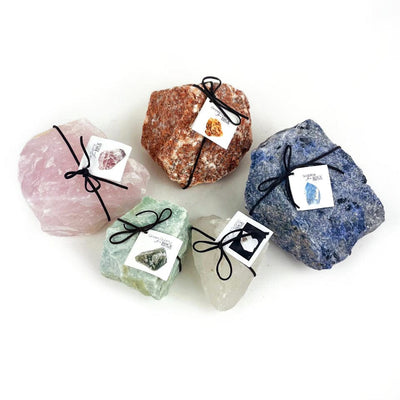 All the different stones that we sell in these sizes, rose quartz, green quartz, sodalite, orchid calcite and crystal quartz