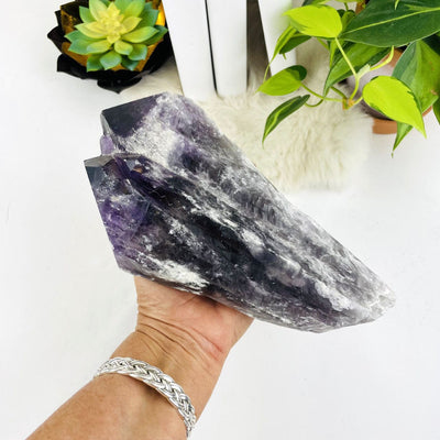 Elestial Amethyst Large Point in a hand for size